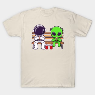 Cute Astronaut And Alien Eating Fastfood On Bench Park Cartoon T-Shirt